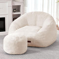 HABUTWAY Bean Bag Chair, Giant Bean Bag Chairs for Adults with Ottoman, Comfy Faux Fur Shell-Shaped Bean Bag Couch, Sofa Chair for Living Room, Bedroom, White
