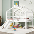 JIVOIT Twin Size Low Loft Bed with Slide and Ladder, House Loft Bed with Safety Guardrails, Capacious Space Under Bed, House Roof Frame for Kids Teens Girls Boys (White * 098)
