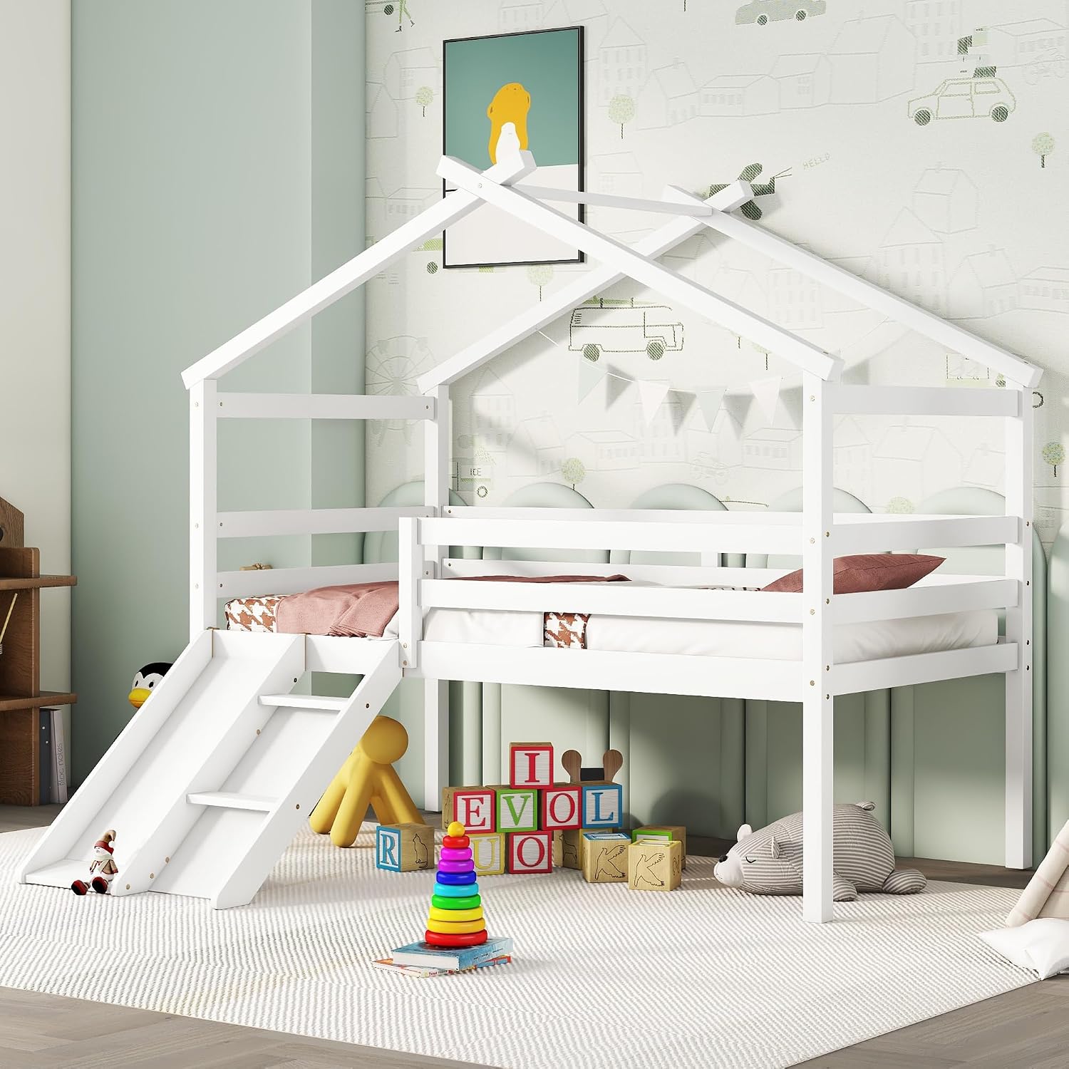 JIVOIT Twin Size Low Loft Bed with Slide and Ladder, House Loft Bed with Safety Guardrails, Capacious Space Under Bed, House Roof Frame for Kids Teens Girls Boys (White * 098)