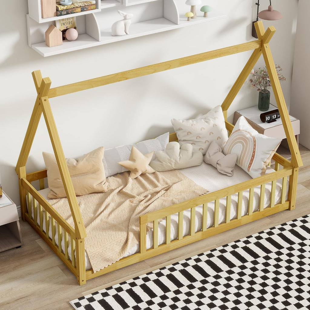 Twin Size Tent Floor Bed for Kids,Teepee Montessori Floor Bed with Fence and Slats for Girls Boys,Natural
