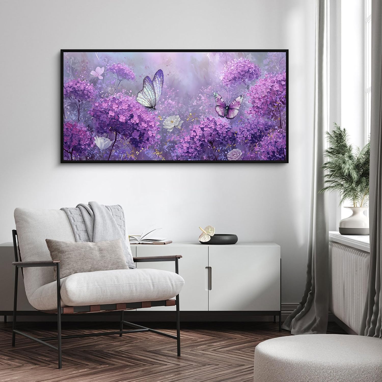 yiijeah Purple Wall Art Bedroom Canvas Lavender Bathroom Decor Butterfly Picture Items for Women Framed Artwork Print 48x24 Inches