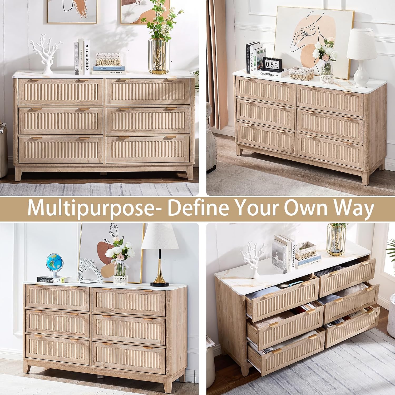 6 Drawers Dresser for Bedroom, 54' Large Storage Dresser, Natural Oak Dressers with Faux Marble Top, Modern Dressers & Chests of Drawers for Living Room Entryway, Natural Fluted 6 drawers dresser