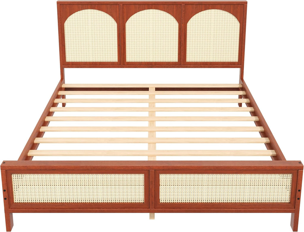 JIVOIT King Size Platform Bed with Rattan Headboard and Footboard, Wood Platform Bed Frame with Wood Slats Support, No Box Spring Needed, Easy Assembly (Walnut+Beige,King)