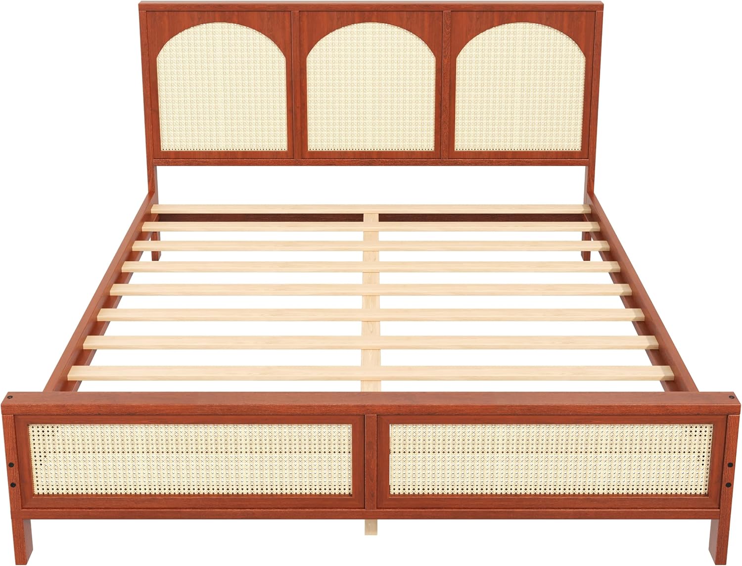 JIVOIT King Size Platform Bed with Rattan Headboard and Footboard, Wood Platform Bed Frame with Wood Slats Support, No Box Spring Needed, Easy Assembly (Walnut+Beige,King)