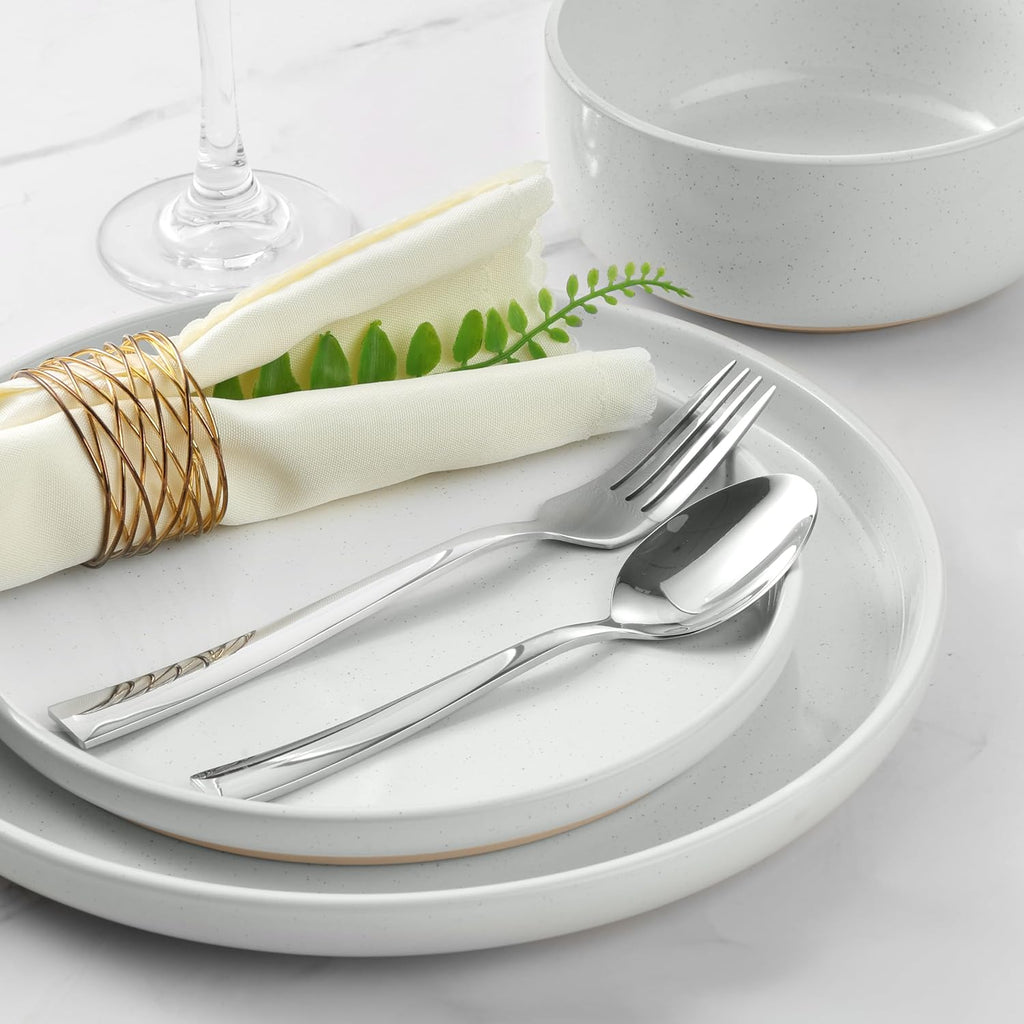 LIANYU 24 Piece Dinnerware Sets for 8, Stoneware Dinner Dishes for Kitchen Dining, Elegant Plates and Bowls Sets, Safe & Healthy Clay, Oven & Dishwasher Safe, Snowy White