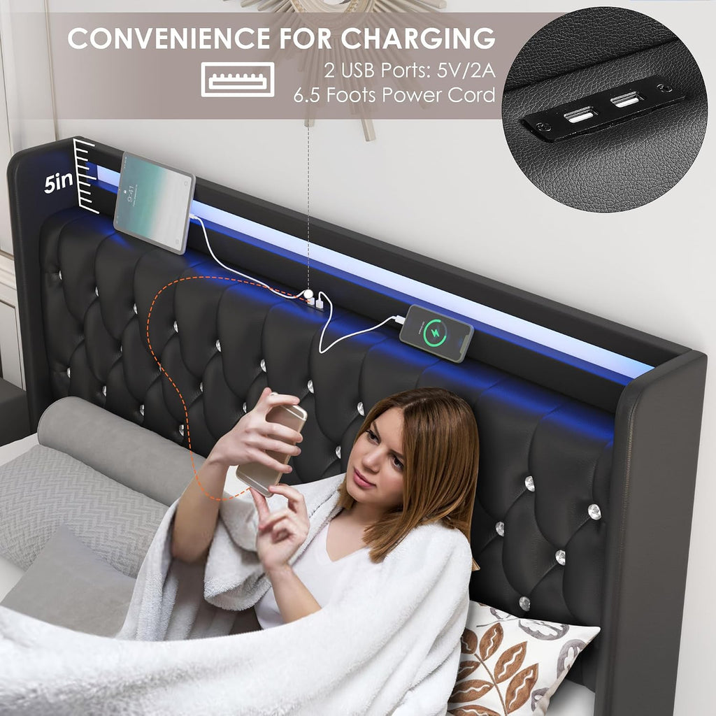 HIFIT Queen LED Bed Frame with Charging Station and 4 Storage Drawers, PU Upholstered Platform Bed with Handcrafted Crystal Button Wingback Headboard, Metal Frame with No Box Spring Needed, Black