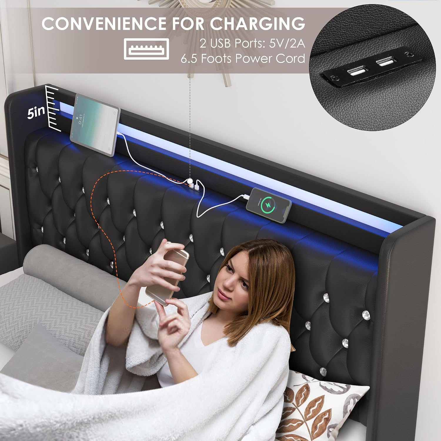 HIFIT Queen LED Bed Frame with Charging Station and 4 Storage Drawers, PU Upholstered Platform Bed with Handcrafted Crystal Button Wingback Headboard, Metal Frame with No Box Spring Needed, Black