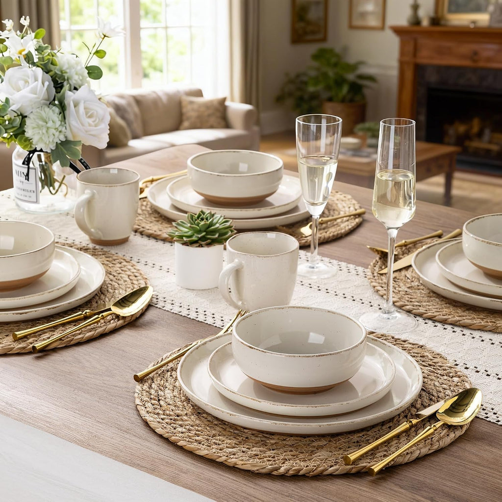 AmorArc Dinnerware Sets with Pasta Bowls for 6, Handpainted Stoneware Plates and Bowls Set with Rustic Terracotta Underside, Scratch Resistant Dishes Set, Dishwasher & Microwave Safe, 24 Pcs
