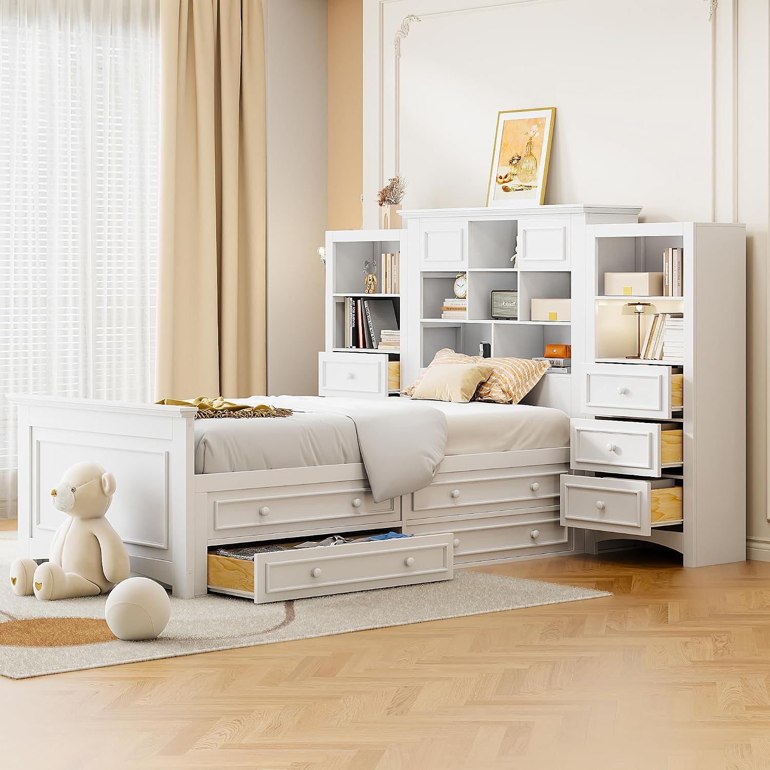 Twin Size Platform Bed with All-in-One Vertical Cabinet Bookcase, Solid Wood Captain's Bed Platform Bed Frame with 4 Drawers on Each Side, Storage Headboard (White-A)