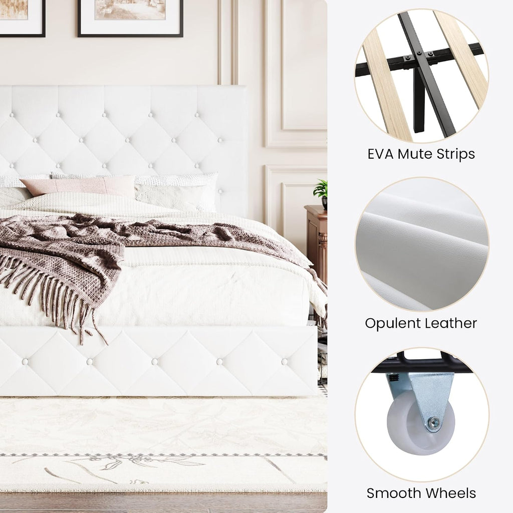 SHA CERLIN Upholstered King Platform Storage Bed Frame with 4 Drawers, Adjustable Headboard with Faux Leather Diamond Button Tufted Design, Wooden Slat Support, No Box Spring Needed, White