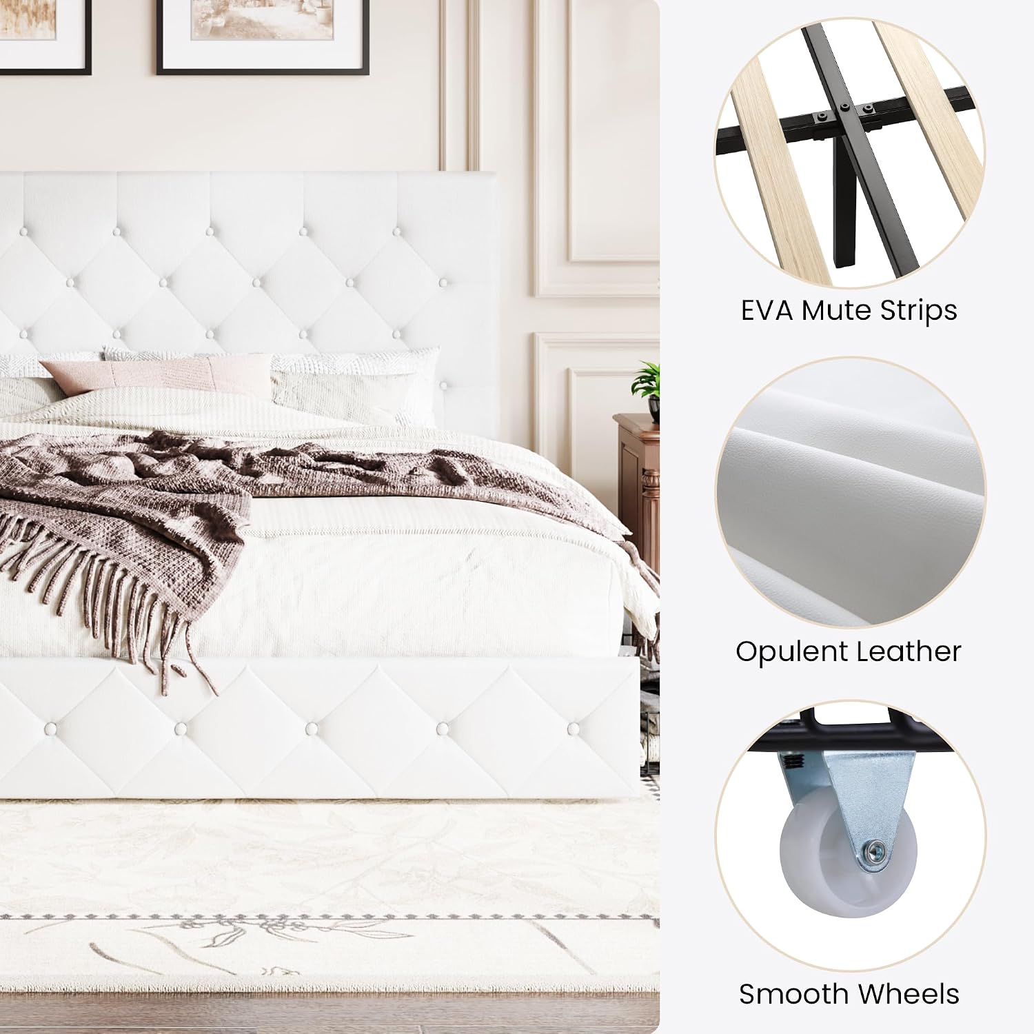 SHA CERLIN Upholstered King Platform Storage Bed Frame with 4 Drawers, Adjustable Headboard with Faux Leather Diamond Button Tufted Design, Wooden Slat Support, No Box Spring Needed, White