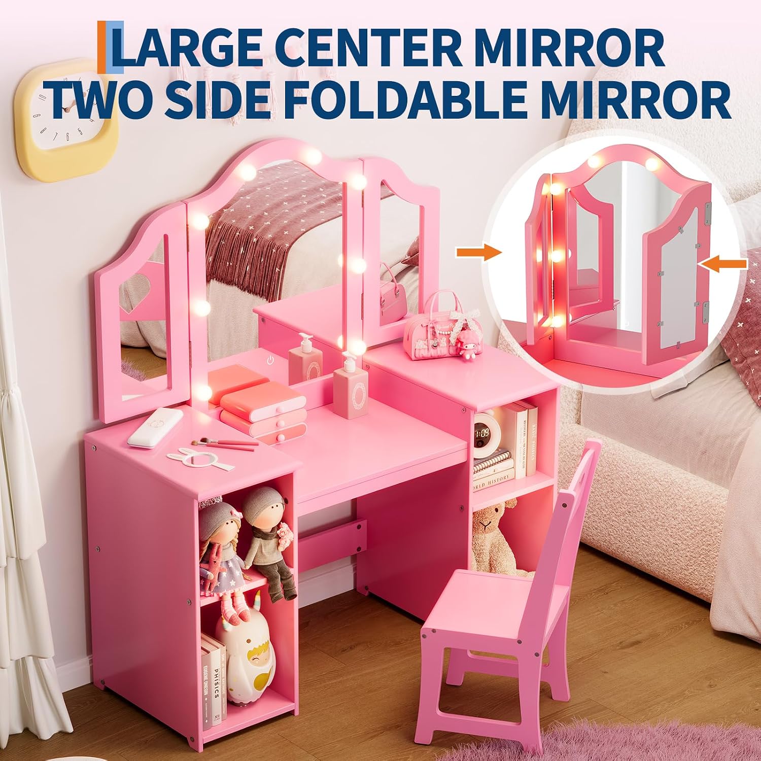 Garvee Princess Vanity Table & Chair Set for Girls with Tri-Folding Mirror, Touch Light Vanity Desk with Storage & High Back Chair - Convertible to Writing Desk, Gift for Girls