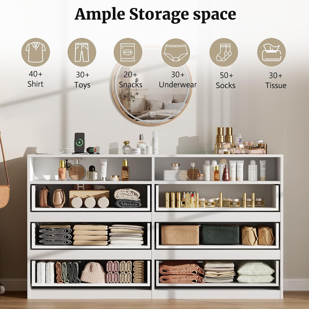 White Dresser, 6 Drawer Dresser for Bedroom with LED Lights, Power Outlet, Modern Wood Chest of Drawers for Closet, Double Wide Drawer Organizer Cabinet for Bedroom, Living Room, Entryway, Hallway