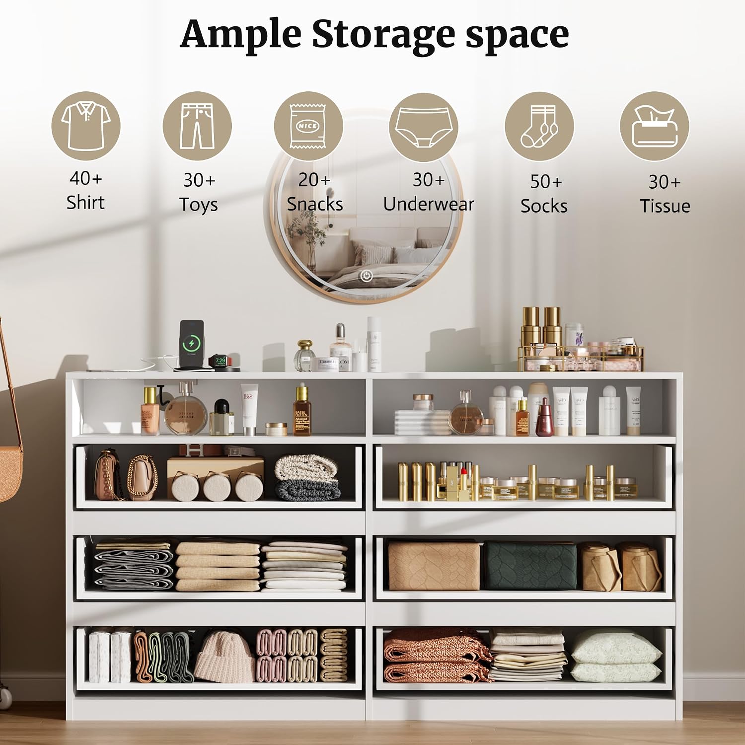 White Dresser, 6 Drawer Dresser for Bedroom with LED Lights, Power Outlet, Modern Wood Chest of Drawers for Closet, Double Wide Drawer Organizer Cabinet for Bedroom, Living Room, Entryway, Hallway