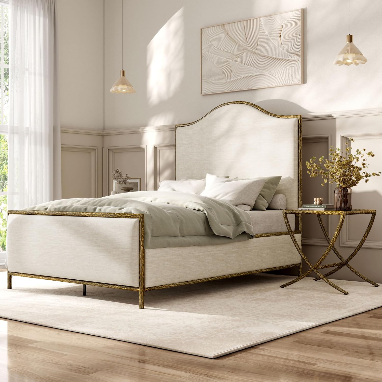 24/7 Shop at Home Lalia Hammered Metal 3-Piece Bedroom Collection, Upholstered Bed Frame with Camelback Headboard, Forged Steel and Curved Nightstands, Foundation Required, Full, Matte Gold