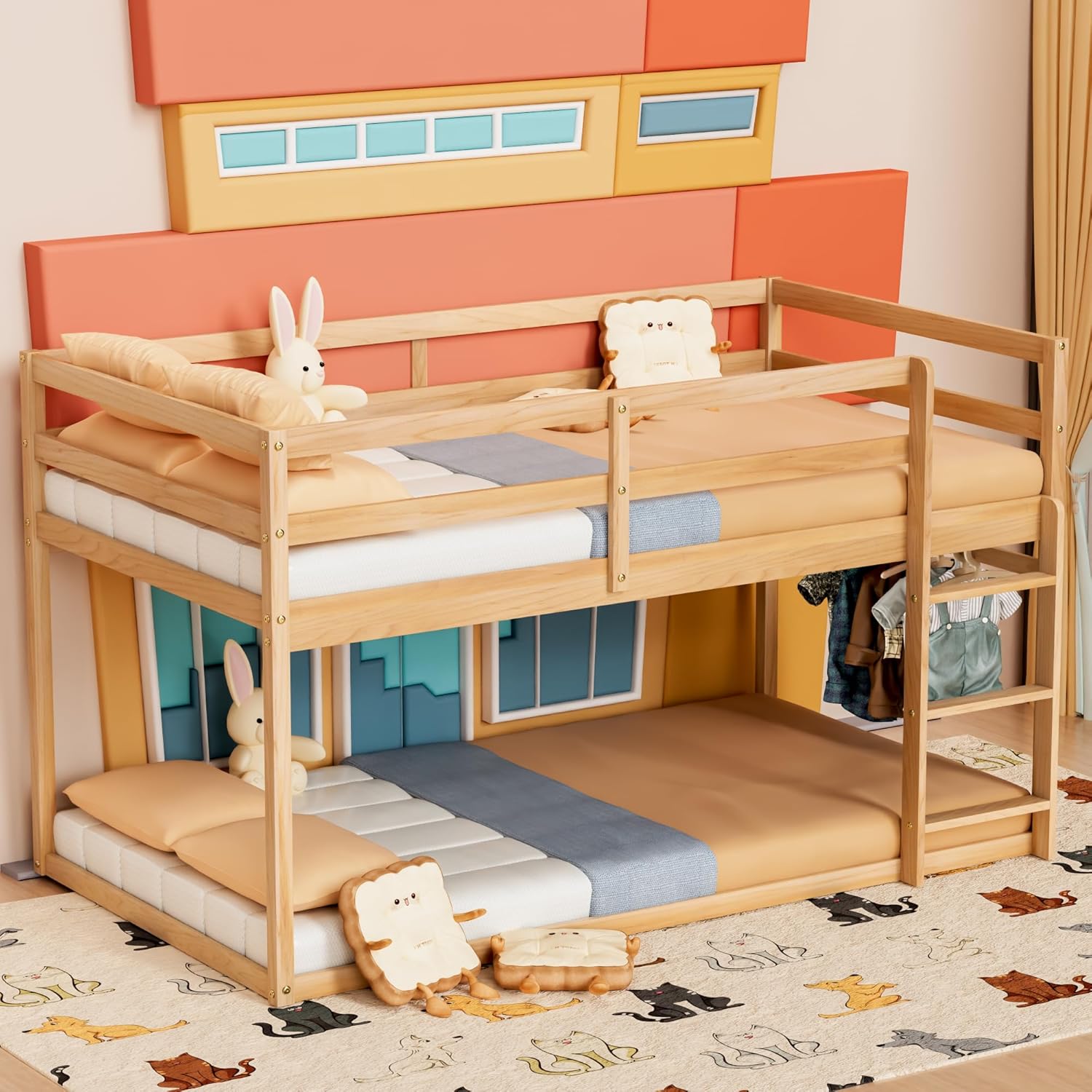 TOLEAD Low Bunk Bed Twin Over Twin, Floor Bunk Bed with Ladder, Twin Bunk Bed with Full Guardrails, Wooden Bunk Bed for Juniors, Boys, Girls, Kids, Bedrooms (Natural)