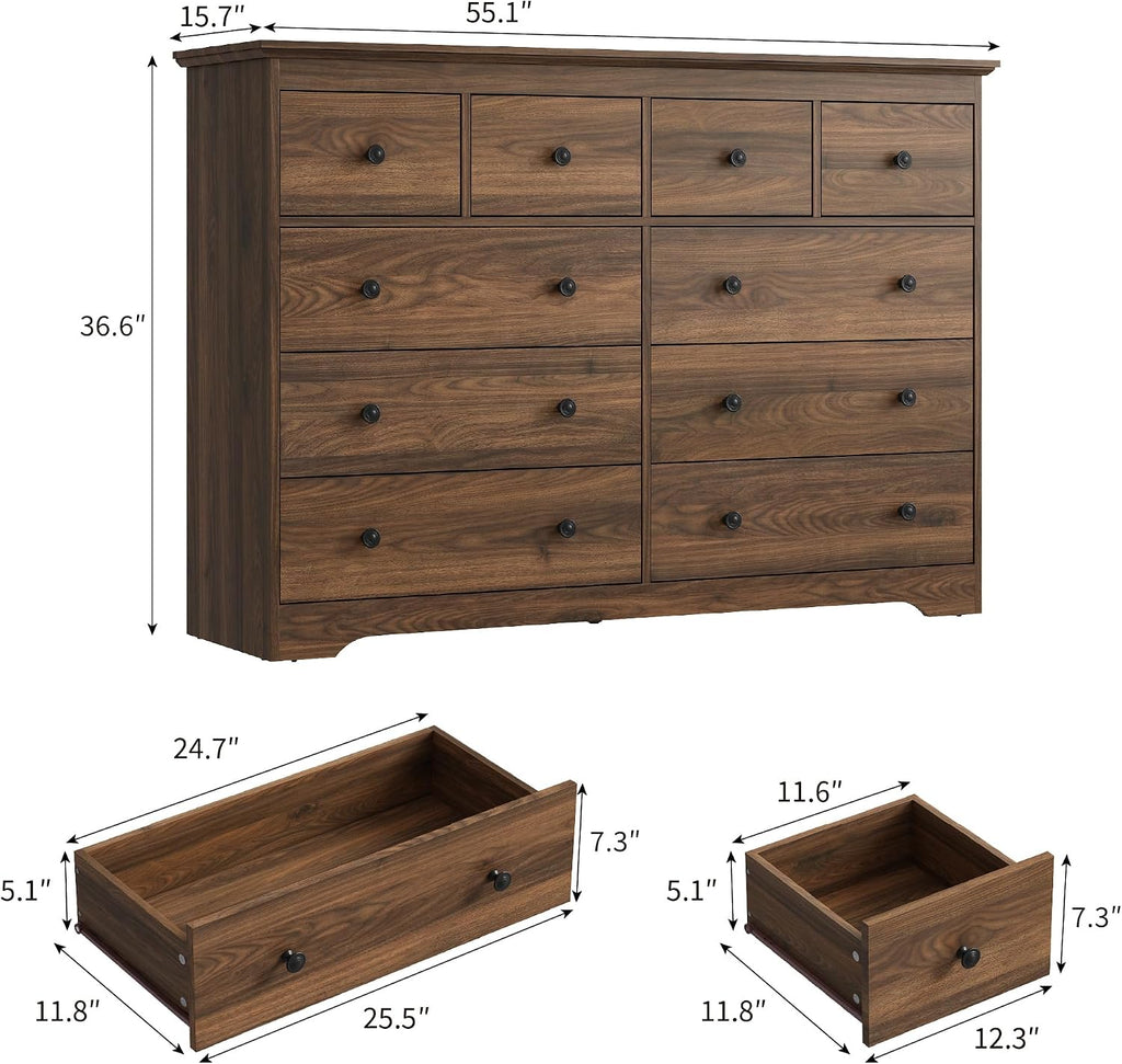 55 Inch Wide Dresser for Bedroom, 10 Drawer Dresser with Large Drawers, Thickened Top, Wood Chest for Living Room, Hallway, Walnut