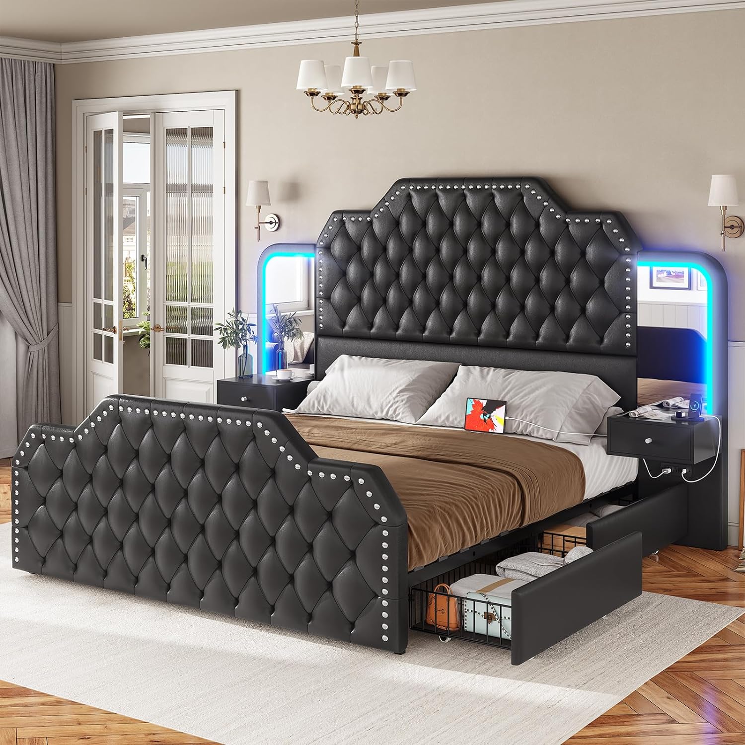 Itaar Queen Bed Frame with 53' Tall Headboard and 4 Storage Drawers, PU Leather Upholstered Platform Bed Frame, Built in Charging Station & Led, 2 Nightstands with Mirror, Black