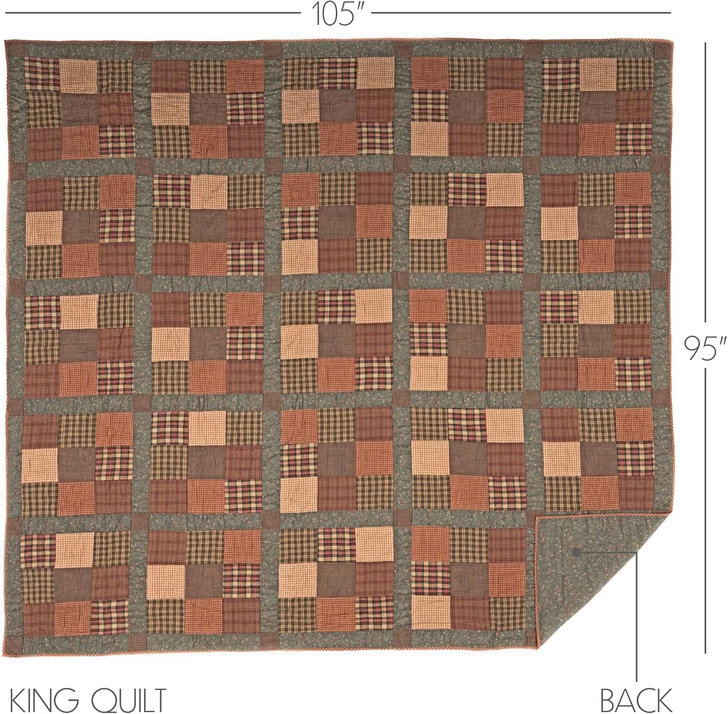 VHC Brands Crosswoods Patchwork Cotton Primitive Bedding Pre-Washed King Quilt, Dark Olive Green