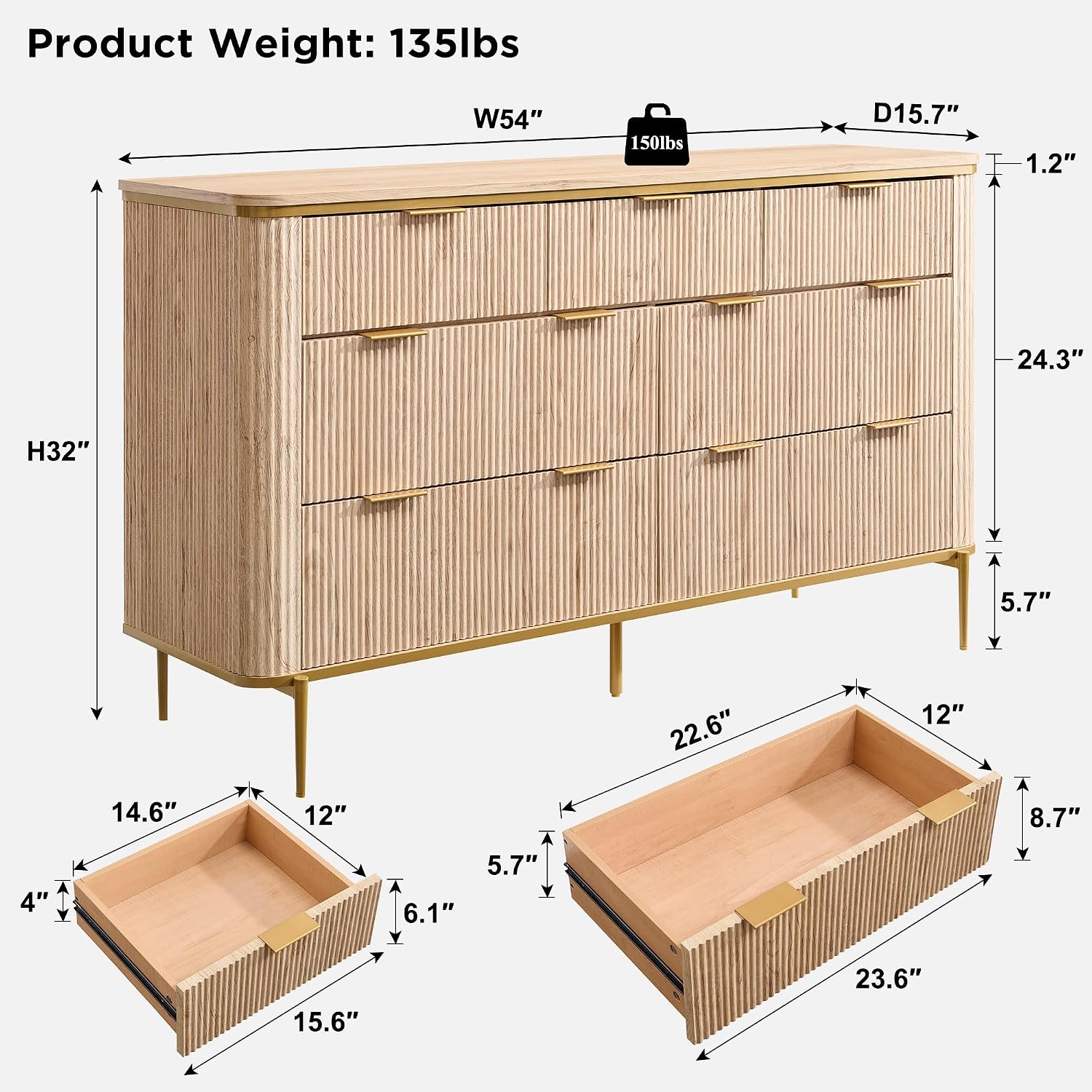 T4TREAM Fluted 7 Drawers Dresser for Bedroom, 54' Wide Modern Dresser TV Stand, Gold Accents, Fluted Fronts, Wood Storage Dressers Organizer for Bedroom, Living Room, Natural Oak