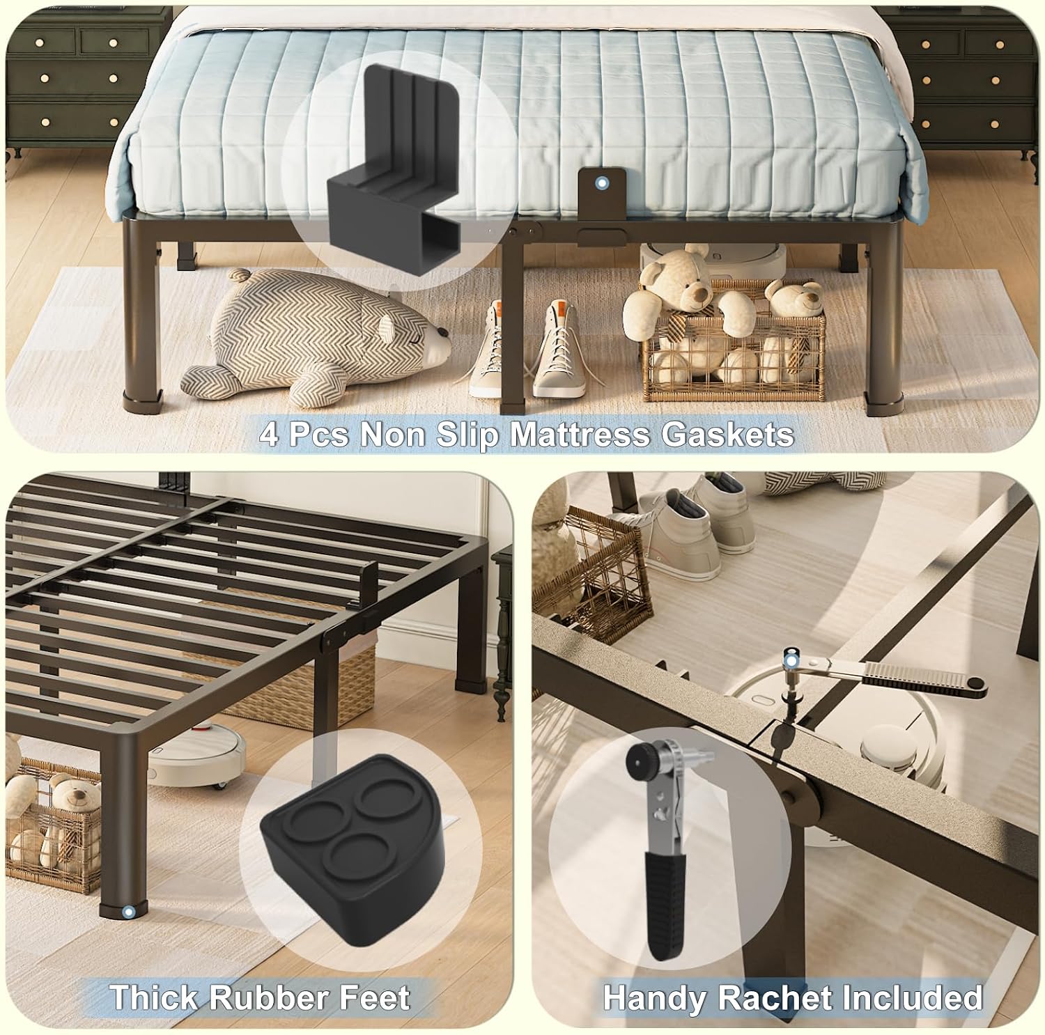 Yitong Angel 14 inch Queen Bed Frame with Round Corner Legs Mattress Slide Stopper,3500 lbs Heavy Duty Metal Platform,Steel Slats Support,No Box Spring Needed,Easy Assembly,Noise Free