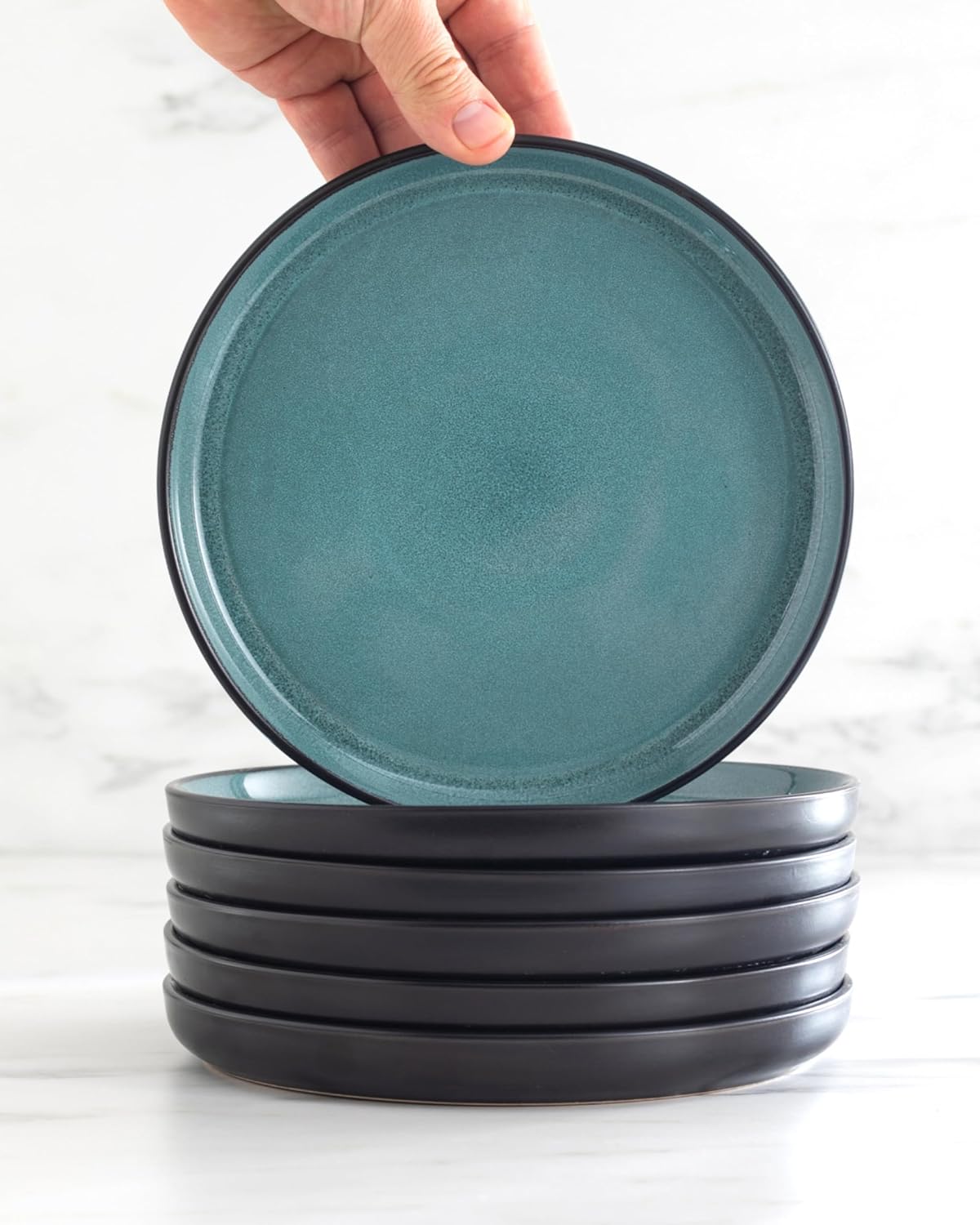 32 Piece Dinnerware Sets for 8 - Modern Style Stoneware Dinnerware Set - Scratch Resistant, Dishwasher Safe Plates and Bowls Sets Ceramic, Dish Set, Bowl and Plate Set - Black and Petrol Blue…