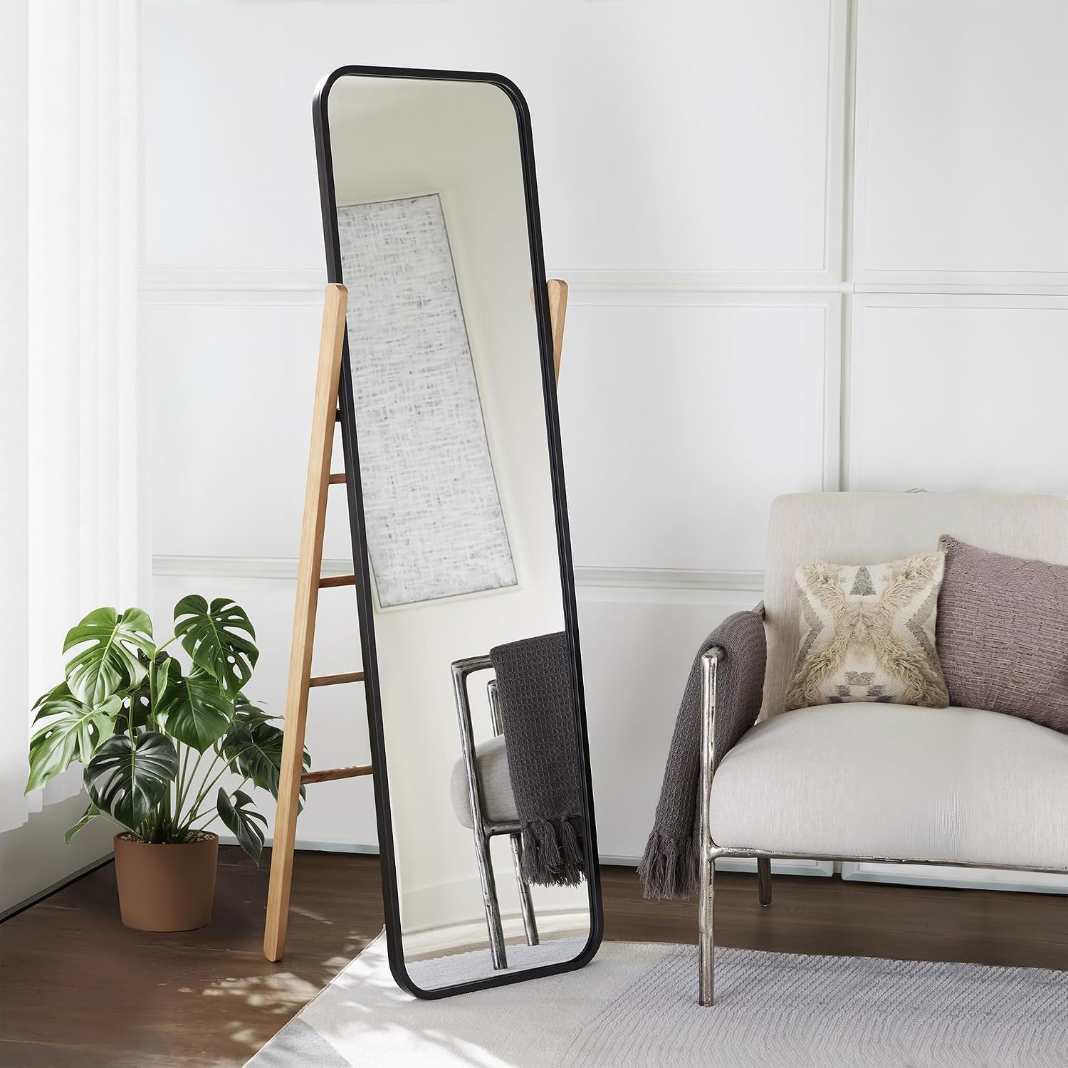 Signature Design by Ashley Bronick Contemporary Full Length Floor Mirror with Thin Frame, Black & Light Brown