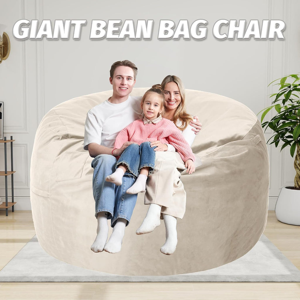 5FT Bean Bag Chair with Ultra Soft Velvet Cover Bean Bag Sofa with Memory Foam Bean Bag Chairs with Large Size Lazy Sofa for Dorm Office Living Room Bedroom Beige 5'