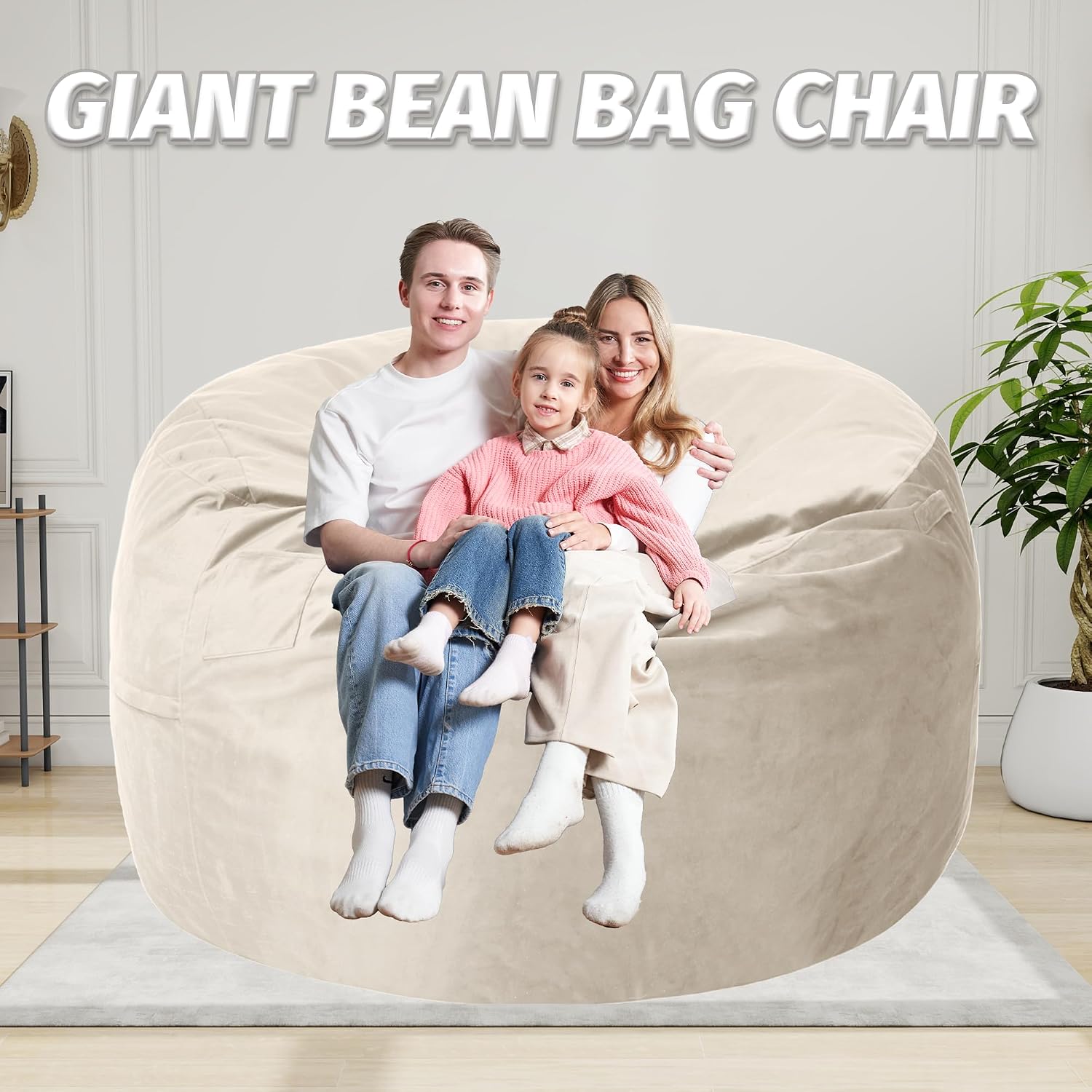 5FT Bean Bag Chair with Ultra Soft Velvet Cover Bean Bag Sofa with Memory Foam Bean Bag Chairs with Large Size Lazy Sofa for Dorm Office Living Room Bedroom Beige 5'