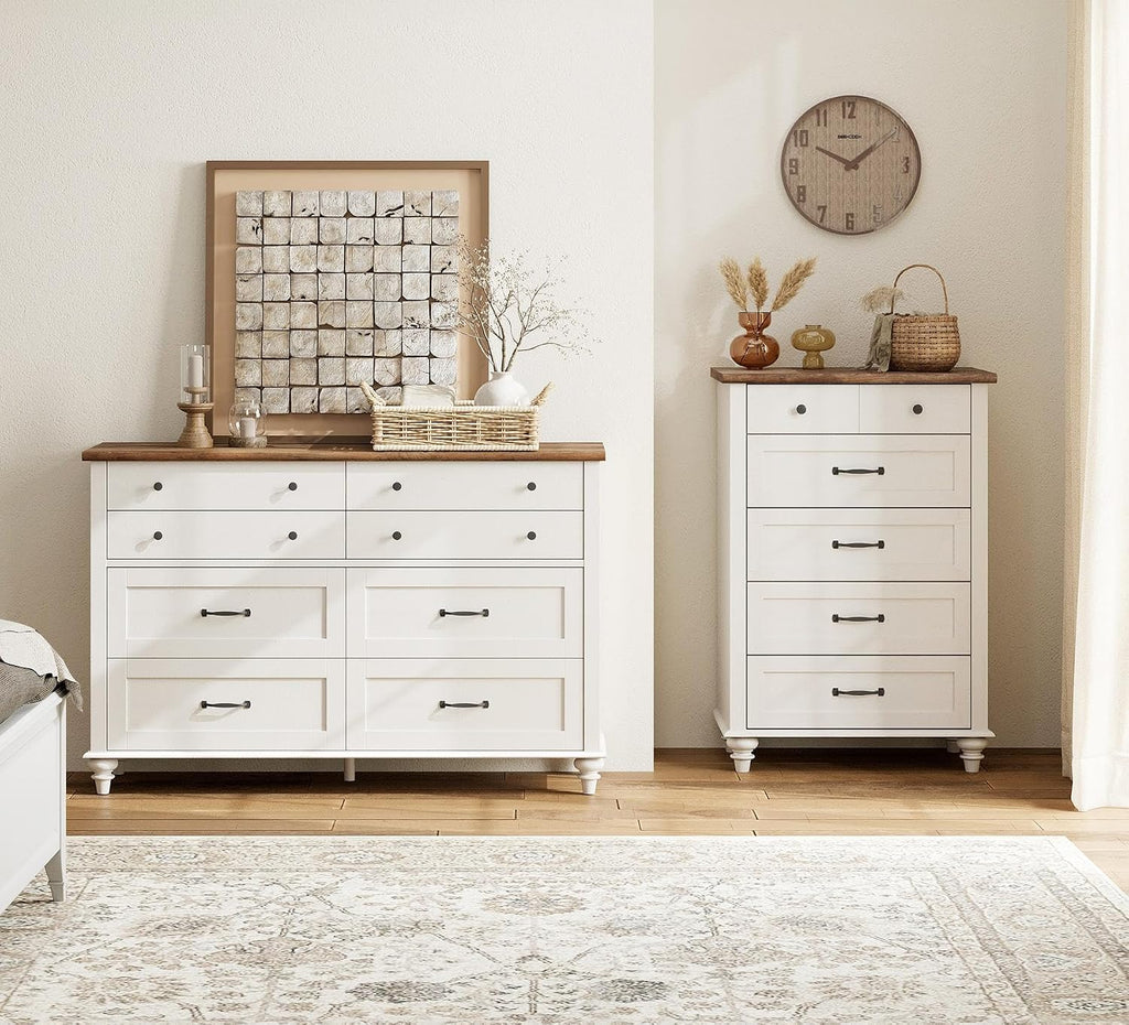 WAMPAT Off White Dresser for Bedroom with 5 Drawers, Tall Kids Dressers with Wide Chest of Drawers, Mid Century Modern Wooden Closet Storage Organizer, Samll Dressers for Living Room, Nursery, Hallway
