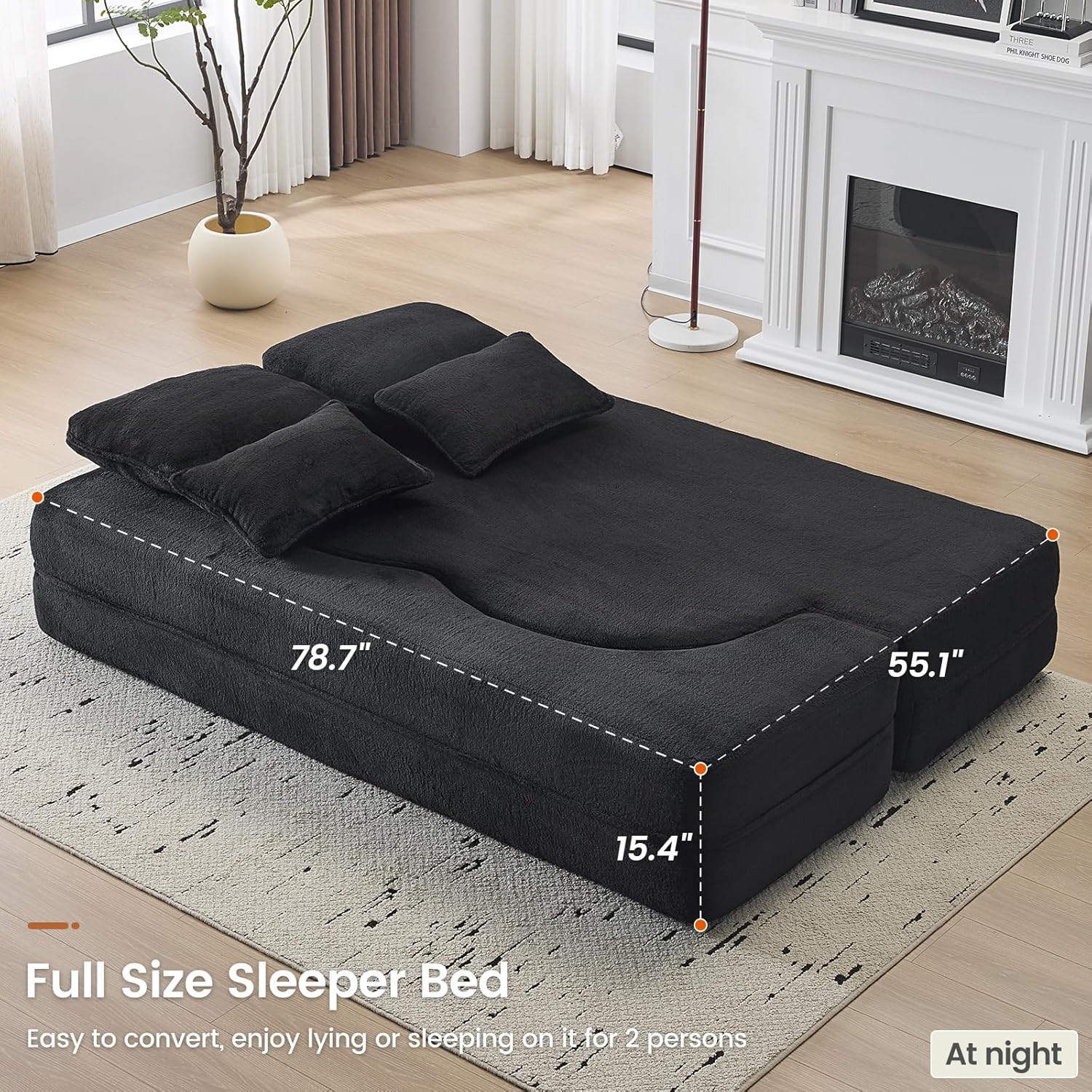 Convertible Folding Sofa Bed, 78' Full Size Loveseat Sleeper Sofa, Chenille Foldable Boneless Floor Couch with 4 Pillows for Guest Living Room Bedroom, No Assembly Required (Black)