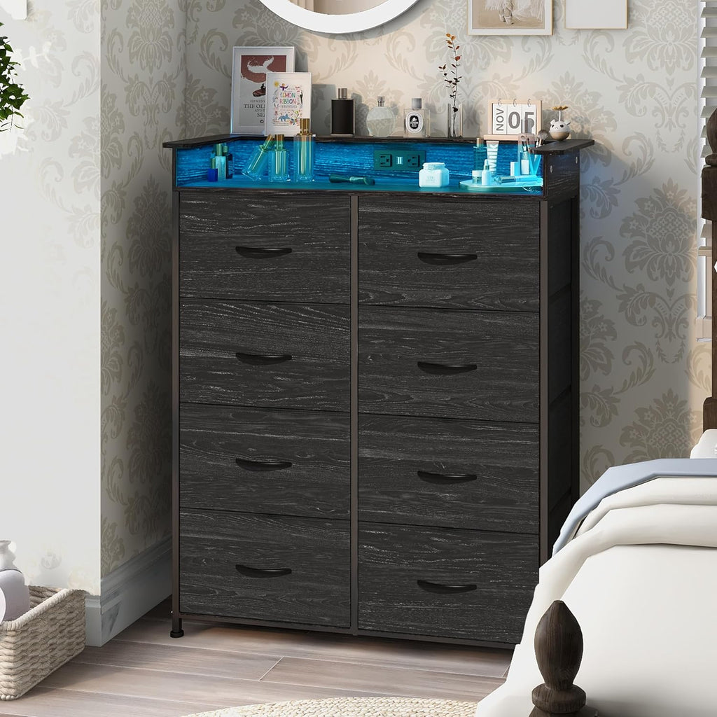 Fabric Dresser for Bedroom with LED Light and Charing Station Tall Dressers with 8 Drawers Black Dresser & Chest of Drawer for Closet Living Room Hallway Sturdy Steel Frame Wood Top