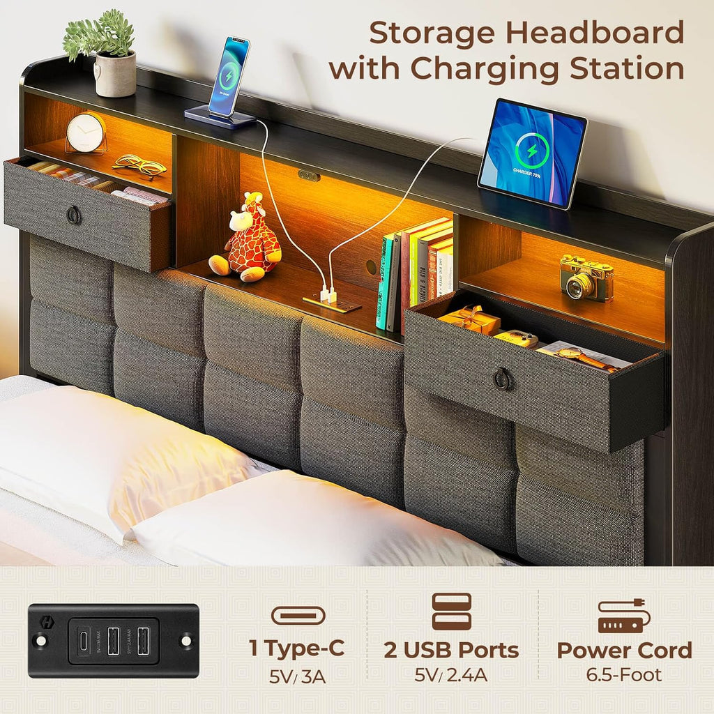 Rolanstar Bed Frame Full Size with Drawers and Charging Station, Upholstered Platform Bed with Storage Headboard and LED Light, Heavy Duty Metal Frame Support, No Box Spring Needed, Noise Free, Grey