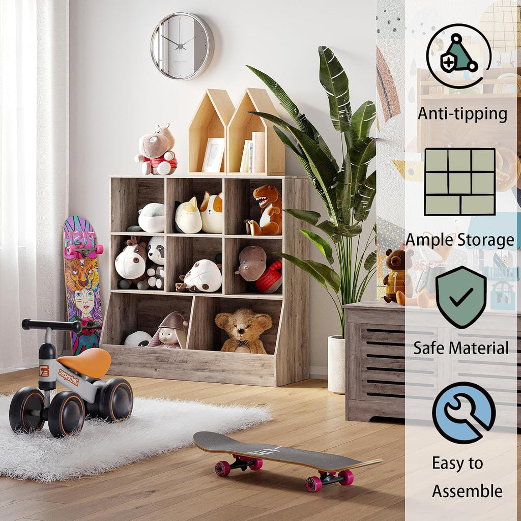 DINZI LVJ Toy Storage Organizer, Kids Bookshelf, Wood Toy Storage Cabinet, 3-Tier 8 Cubby Children Bookcase, 39.4' L Toddler Book Shelf for Playroom, Living Room, Nursery, Hallway, Classroom, Greige