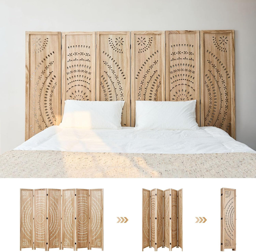 66.9Inch Folding Room Divider, 6 Panels Wood Carved Privacy Screens, Free Assembled Freestanding Partition for Home Office Restaurant Bedroom (Natural)
