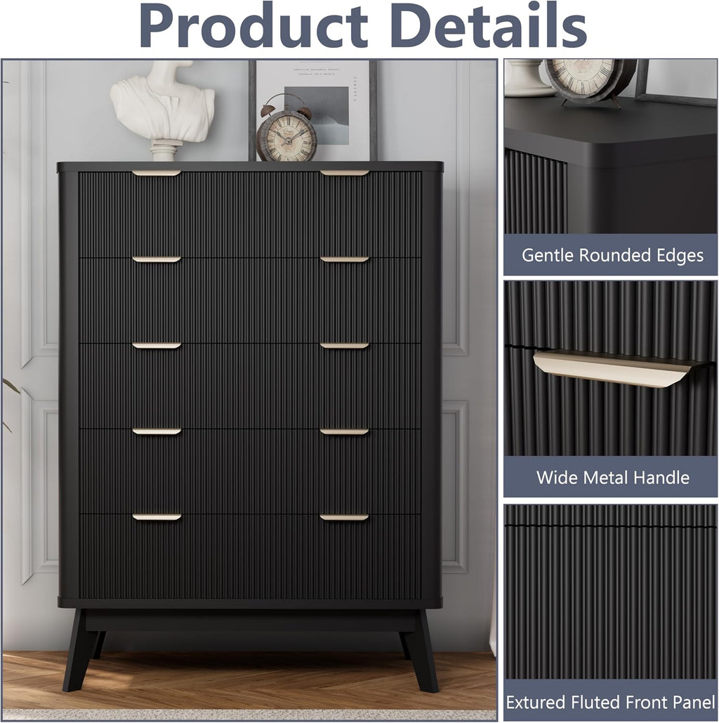 Royal Windsor Fluted 5 Drawers Dresser for Bedroom,43' Tall Wooden Dresser Chest of Drawers,Curved Profile Design,Storage Organizer for Living Room,Hallway,Black