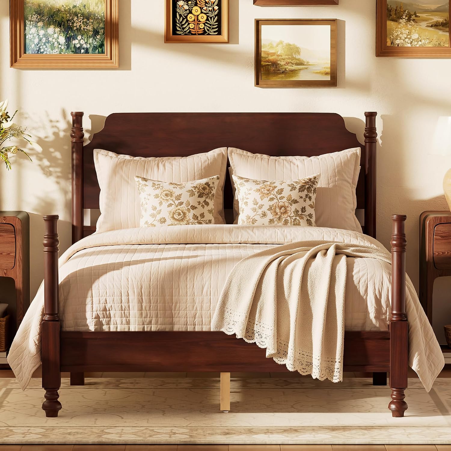 Merax Vintage Wood Spindle Post Bed with Headboard, Full Size Traditional Platform Bed Frame/No Box Spring Needed/Easy Assemble, Dark Walnut