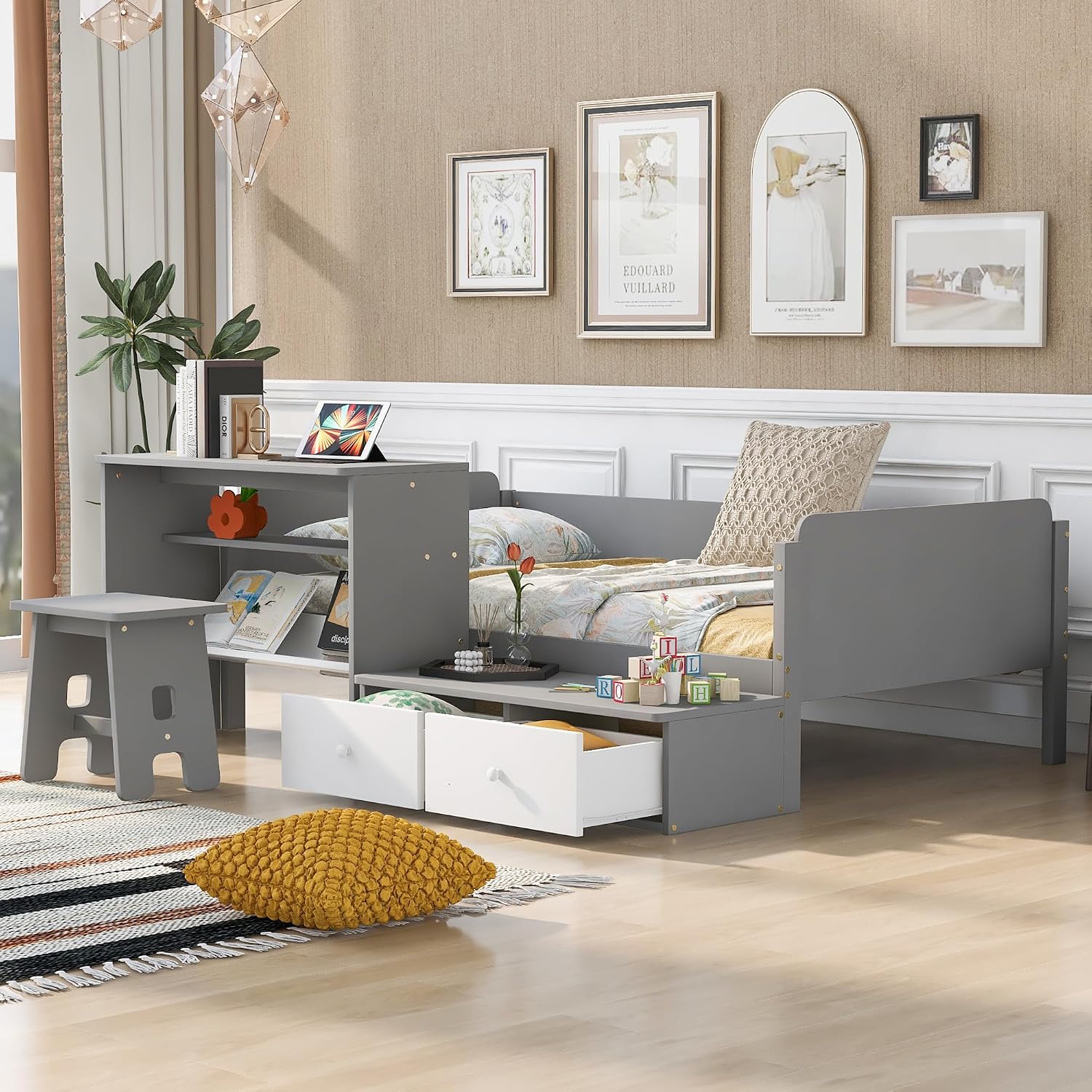 Functional Design Twin Size Platform Bed Daybed with 2 Drawers and 1 Chair&Desk Set, Solid Wood Daybed Frame with Full-Length Guardrails for Kids Boys Girls, Sturdy Slat Support (Gray+White)