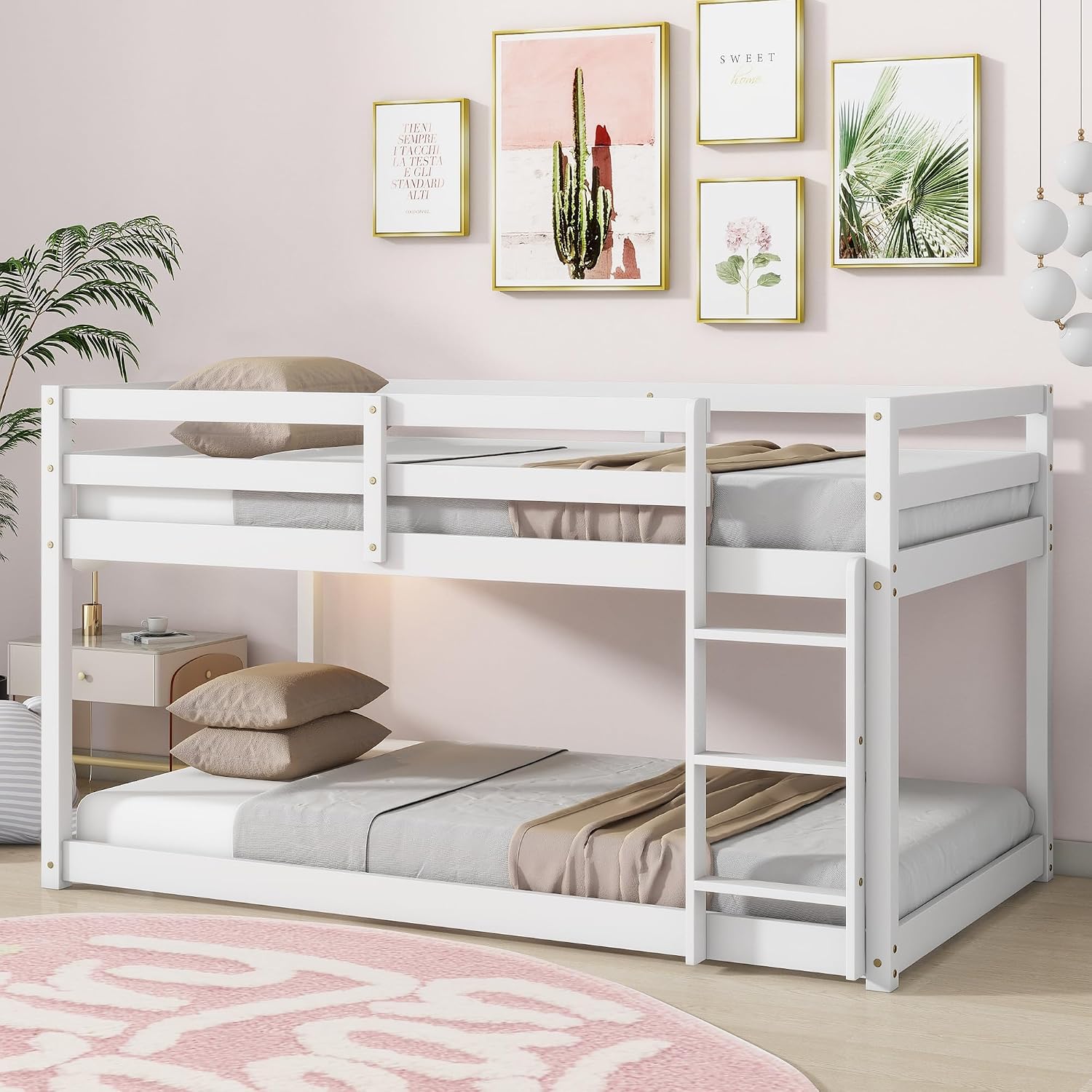 Ball & Cast Twin Over Twin Bunk Bed,Solid Rubber Wooden Low Floor Platform Bed with Ladder and Full Length Guardrail,Slat Support,Bedroom Furniture for Girls Boys,White