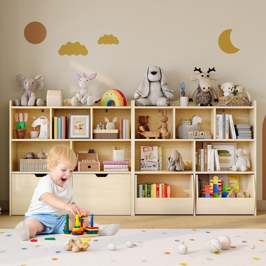 IDEALHOUSE Toy Storage Organizer with Movable Drawers, Kids Bookshelf with Hidden Wheels and 5 Open Cubbies, Multifunctional Storage Cabinet Chest for Playroom