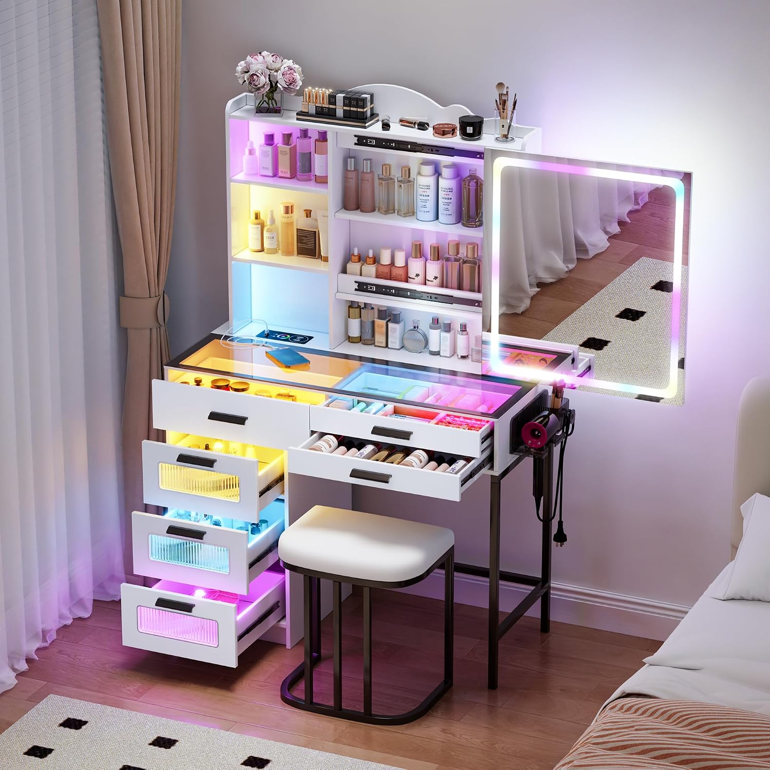 Glass Top Makeup Vanity Desk with RGB LED Light & Adjustable Mirror, Modern Makeup Dresser with Charging Station,Vanity Table Set with 6 Drawers & Hair Dryer Holder for Bedroom,White