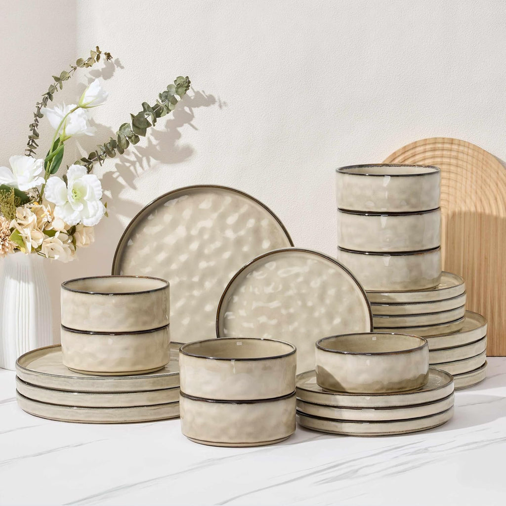 Herogo Plates and Bowls Dinnerware Sets for 8, 24 Pieces Stoneware Dishes Sets, Dishware for Dinner, Salad, Dessert, Dishwasher & Microwave Safe, Cream Khaki