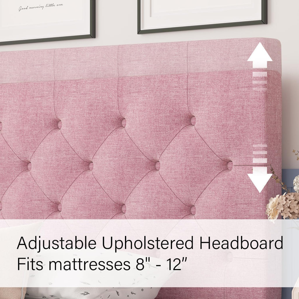 HOMBCK King Size Bed Frame, Linen Fabric Upholstered Bed Frame King Size with Headboard, Wood Slats Support, Button Tufted Design, No Box Spring Needed, Pink
