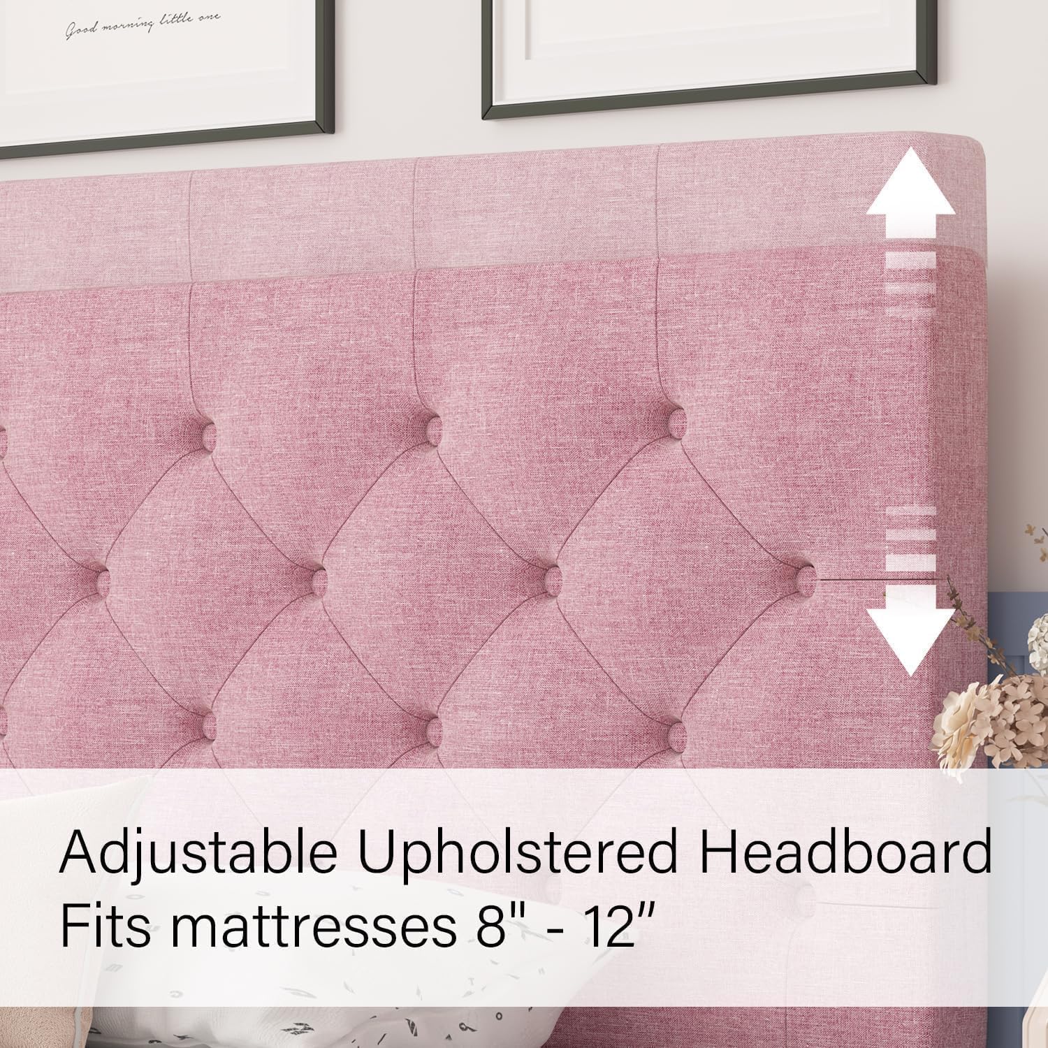 HOMBCK King Size Bed Frame, Linen Fabric Upholstered Bed Frame King Size with Headboard, Wood Slats Support, Button Tufted Design, No Box Spring Needed, Pink
