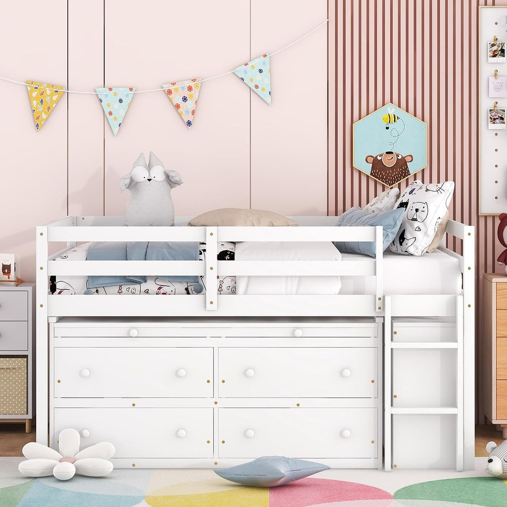 JIVOIT Full Size Low Loft Bed with Retractable Writing Desk, Storage Bed with 4 Drawers and Shelves, Wooden Loft Bed with Lateral Portable Desk for Kids Teens Adults Bedroom (White,Full,9)