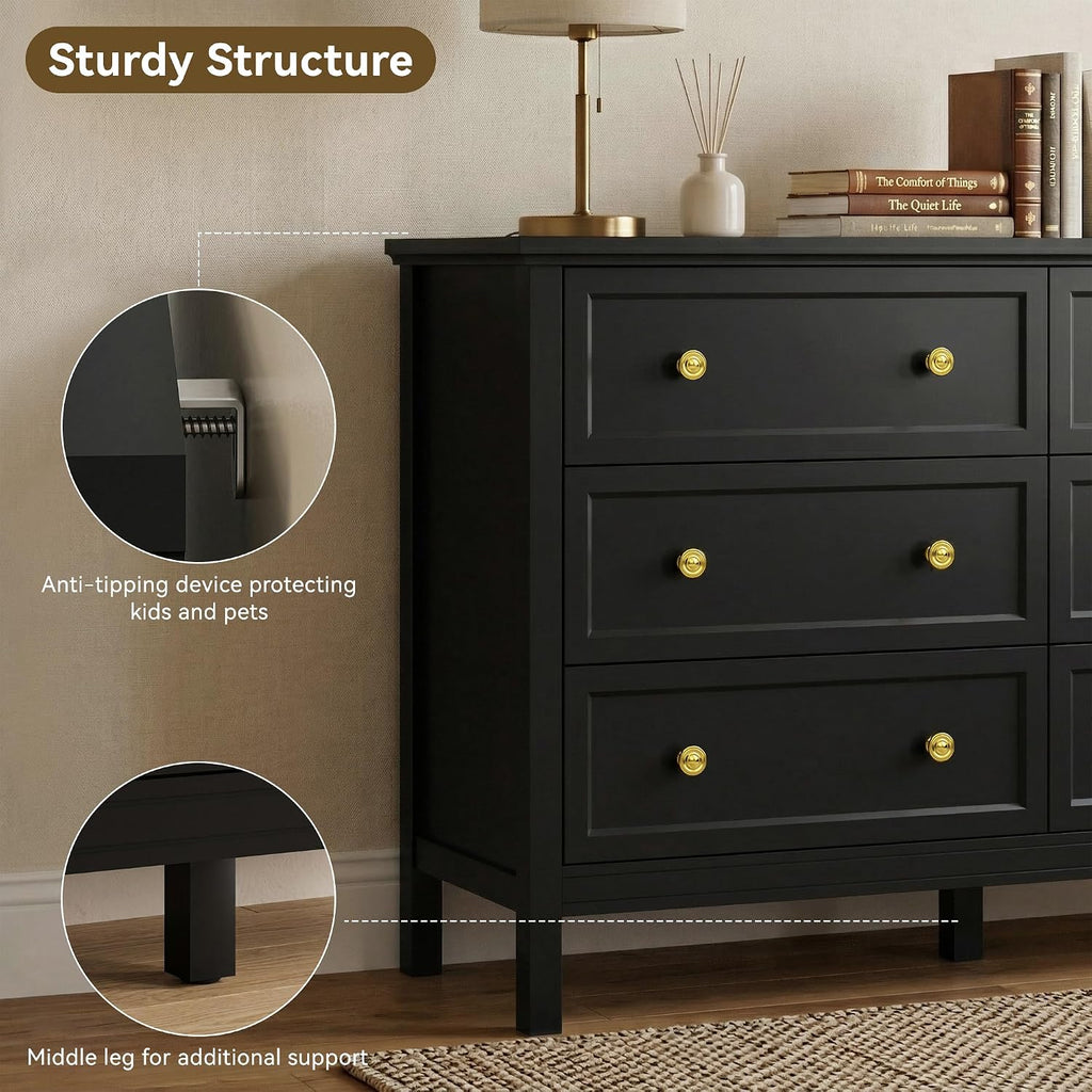 LYNSOM Black Dresser for Bedroom, 6 Drawer Dresser with Wide Drawer and Metal Handles, Wood Dressers & Chests of Drawers for Hallway, Entryway