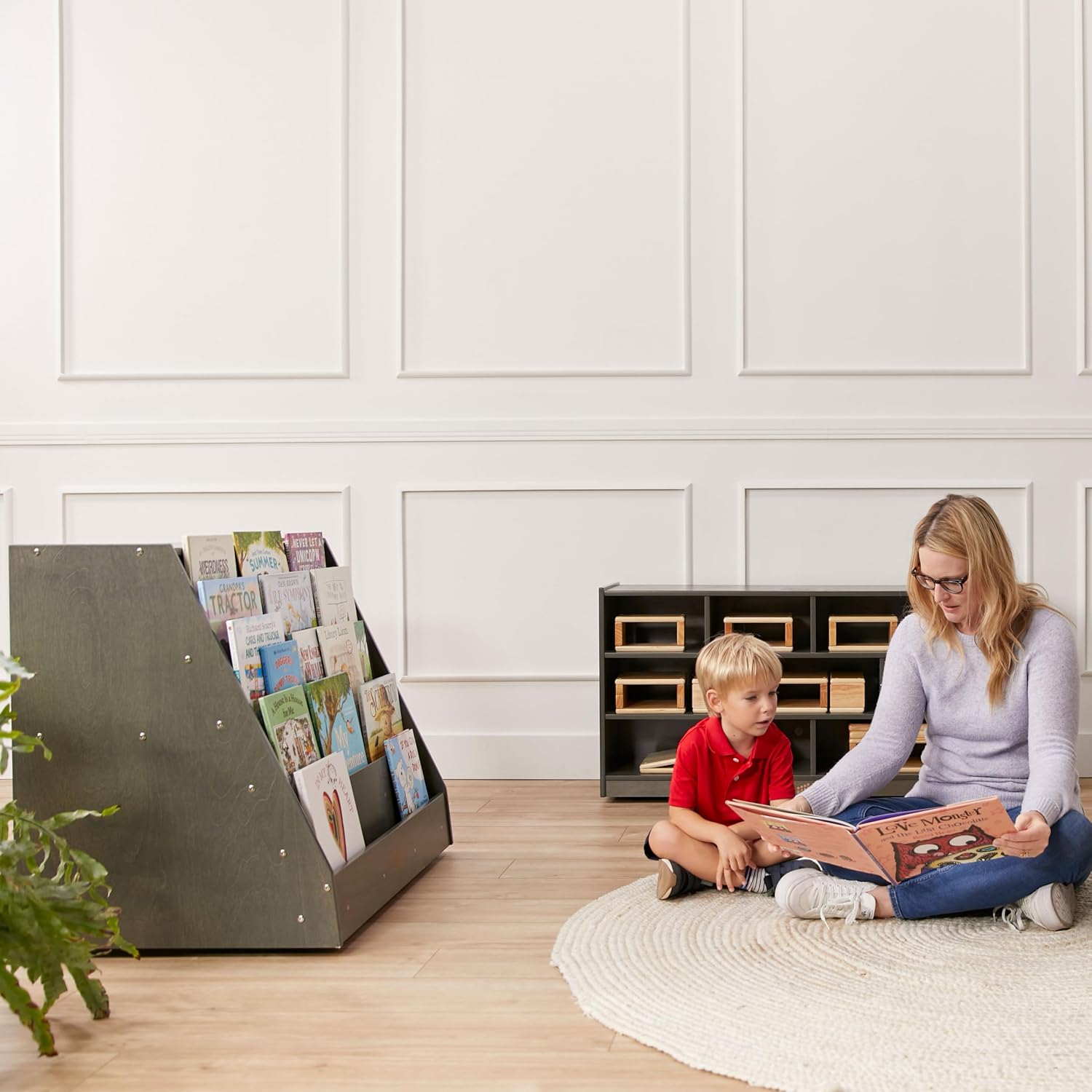 ECR4Kids Double-Sided Mobile Book Display with Storage Shelves, Classroom Bookshelf, Grey Wash