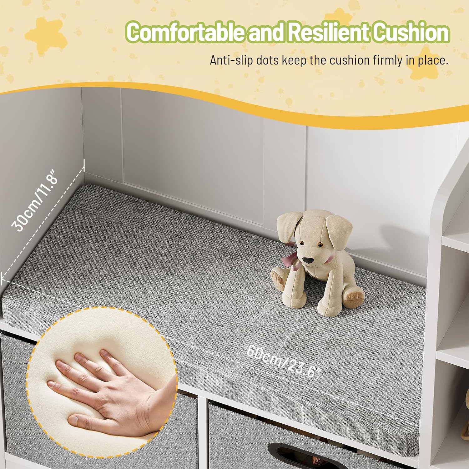 Toy Organizer and Storage, Kids Bookshelf with Seat Cushion and Chalkboard, 2 Movable Drawers, Toy Storage Box with Stuffed Animal Storage Cabinet for Kids Room, Playroom, White and Black
