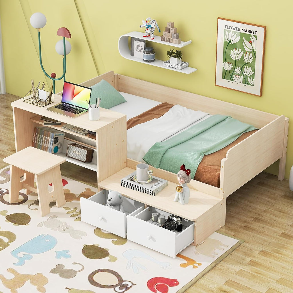 Functional Design Twin Size Platform Bed Daybed with 2 Drawers and 1 Chair&Desk Set, Solid Wood Daybed Frame with Full-Length Guardrails for Kids Boys Girls, Sturdy Slat Support (Natural+White)