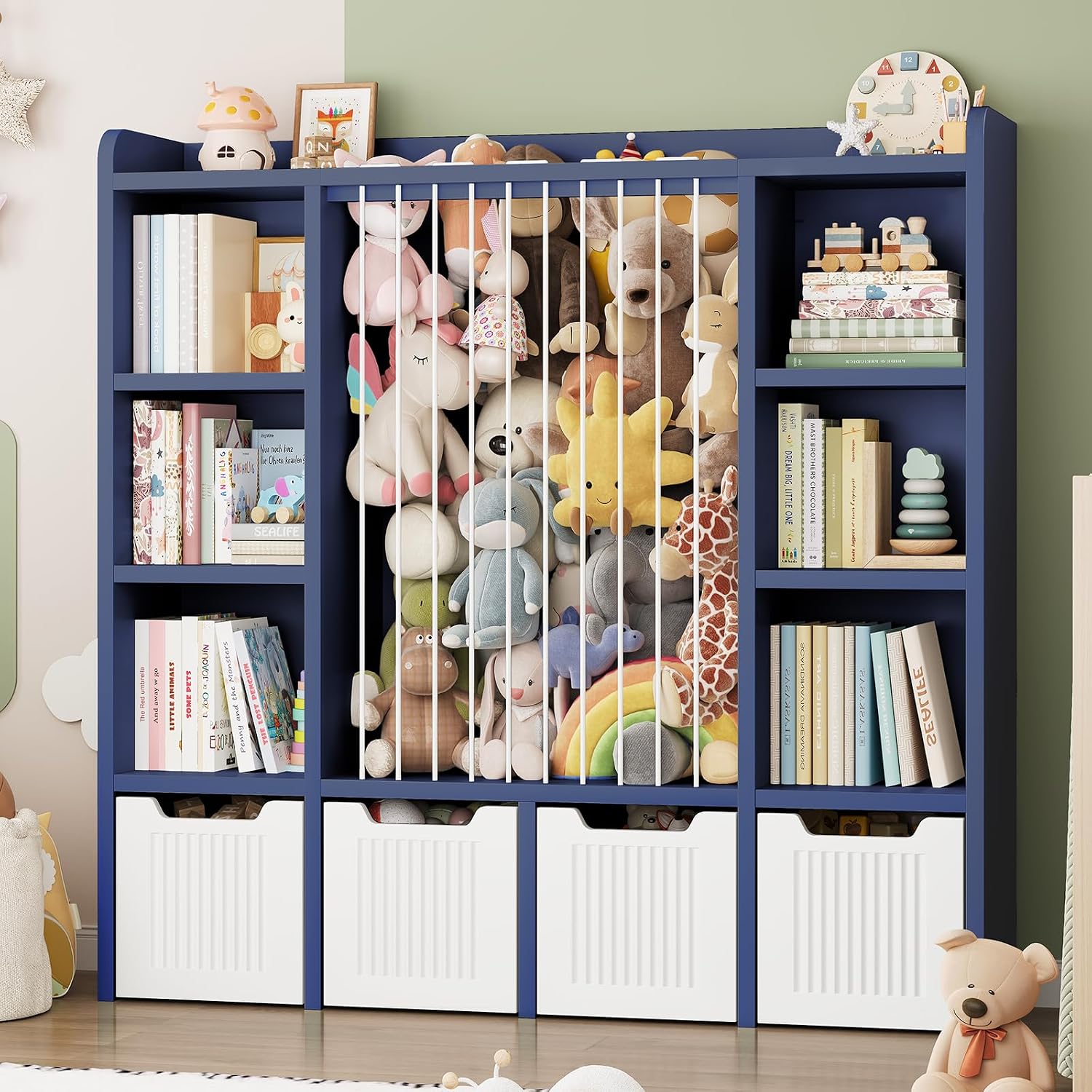 ONBRILL Toy Storage Organizer, Toddler Stuffed Animal Storage, Kids Toy Shelf with 6 Open Cubbies & 4 Movable Toy Chest, Bookshelf for Kids Room Playroom Bedroom Nursery (Blue)